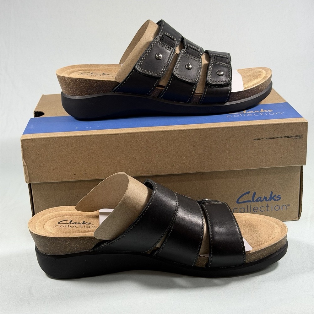 Clarks Size-8.5M Womens Calenne Lily Black Leather Casual Sandals Shoes